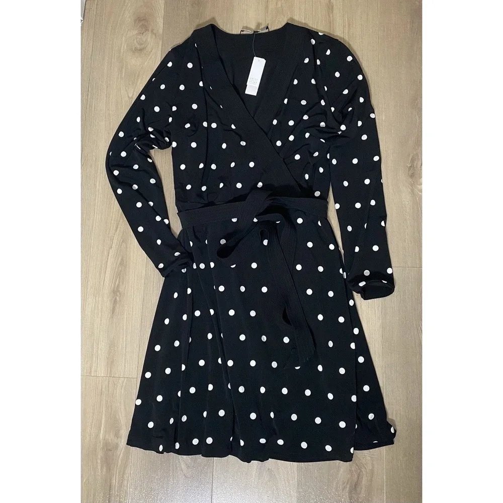 White House Black Market Black Polka Dot Long Sleeve Faux Wrap‎ Dress Size 16